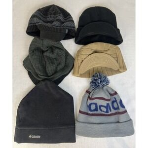 Lot Of 6 Men's Hats Beanies Black Grey Tan Adidas Columbia & More